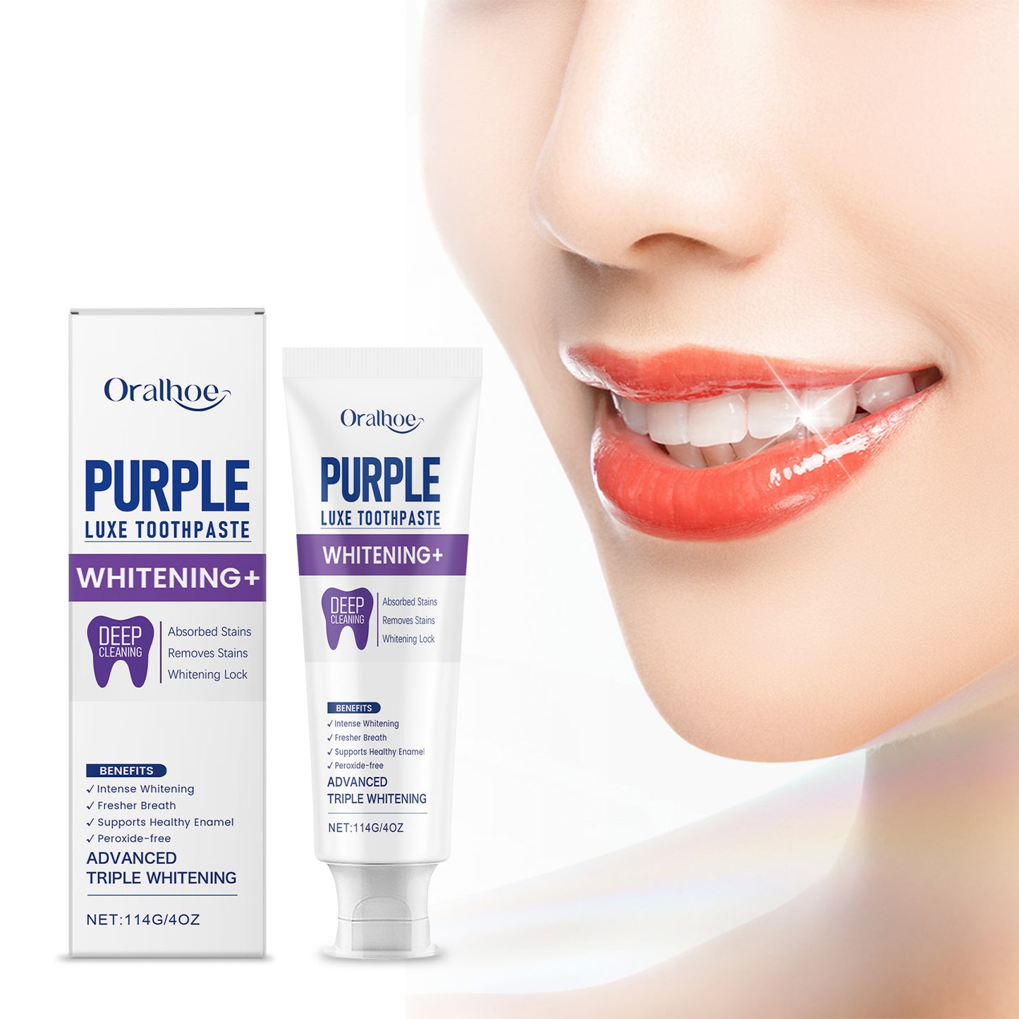Oralloe Purple Luxe Whitening Toothpaste | Advanced Triple Whitening with Hydroxyapatite & Papaya Enzyme | Removes Deep Stains, Freshens Breath & Supports Enamel-V