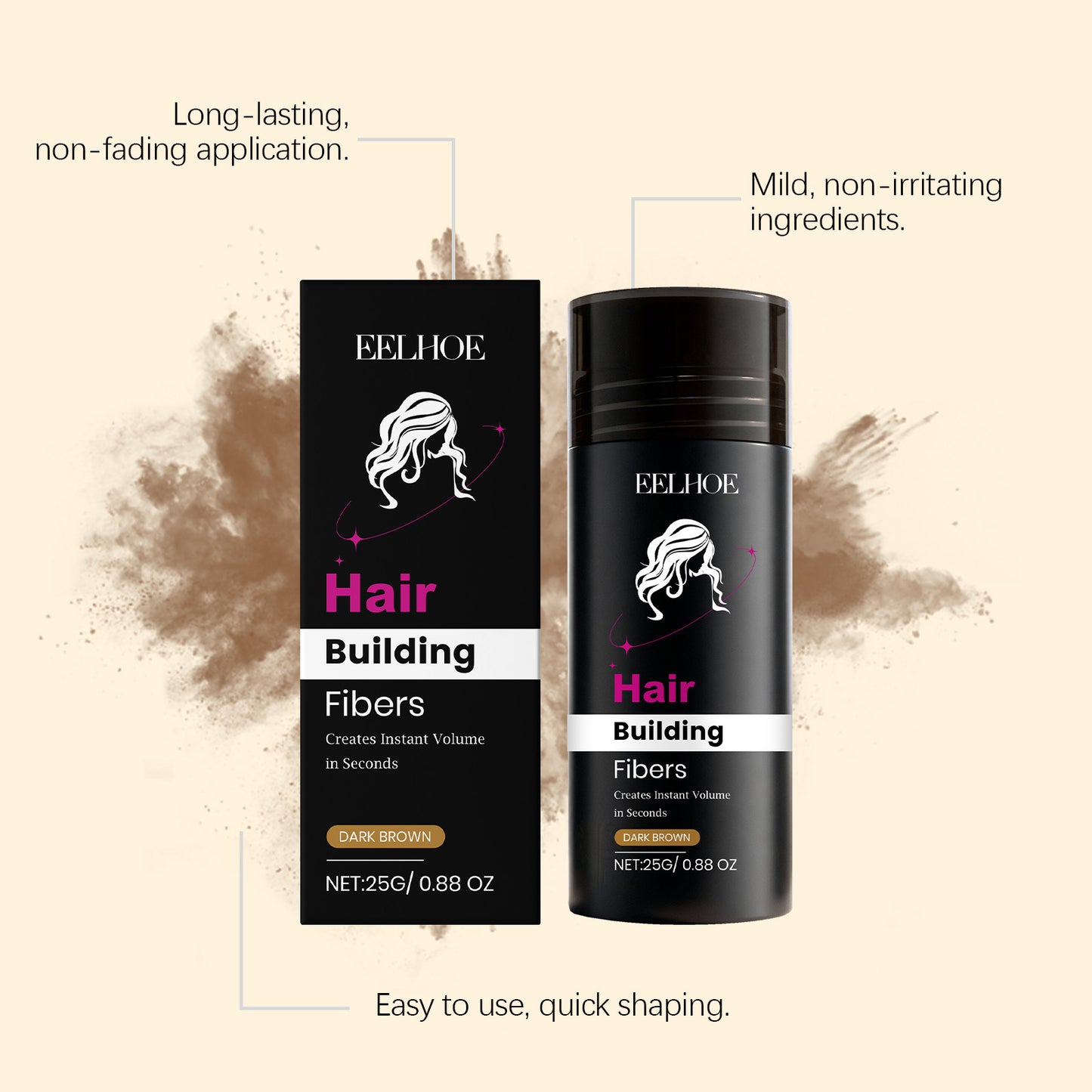 Instant Hair Thickening Fibers | EELHOE Building Fibers for Volume & Concealing Thinning Hair | Long-Lasting, Dark Brown | 25g Net-V