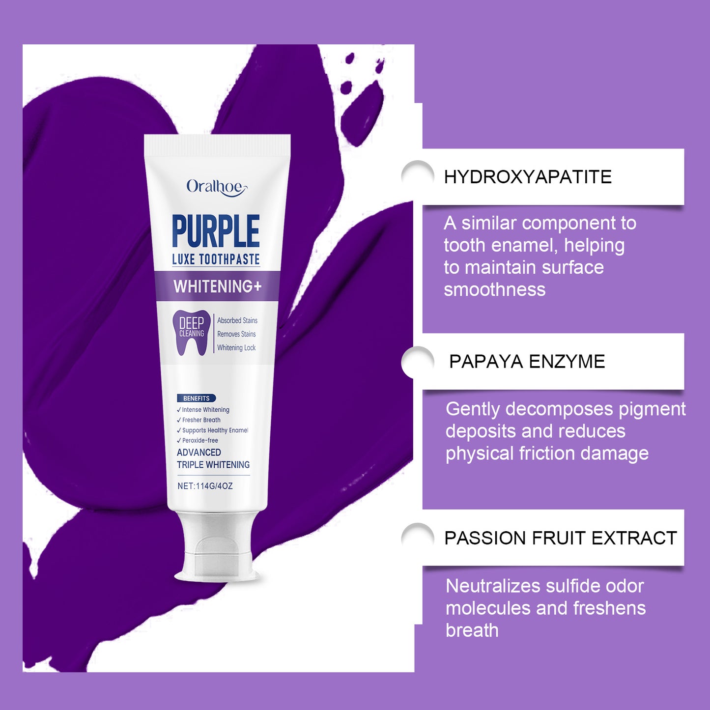 Oralloe Purple Luxe Whitening Toothpaste | Advanced Triple Whitening with Hydroxyapatite & Papaya Enzyme | Removes Deep Stains, Freshens Breath & Supports Enamel-V