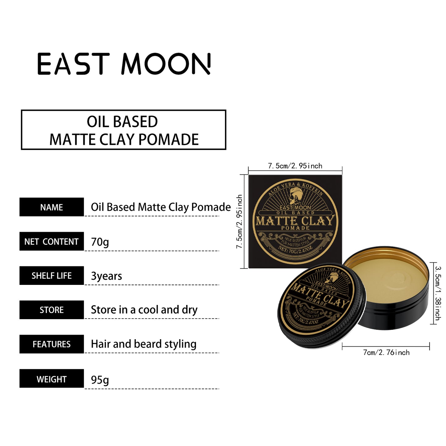 East Moon Men's Styling Pomade - Strong Hold, Smooth Finish, Easy to Manage, Non-Greasy & Non-Sticky Hair Grooming-OA